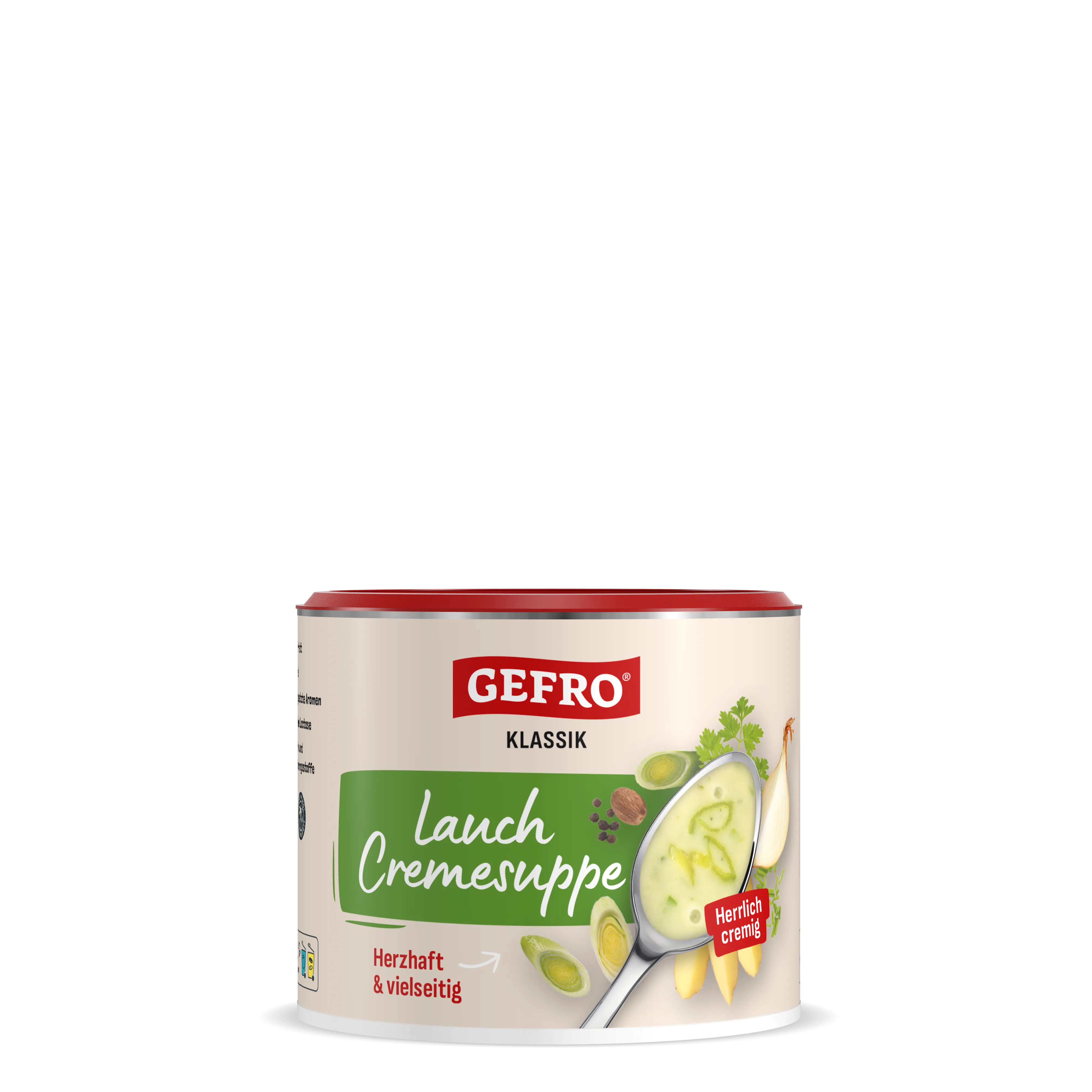 Dose Gefro Klassik Lauch Cremesuppe, cremige Suppe mit Lauch auf der Verpackung, Produktansicht frontal