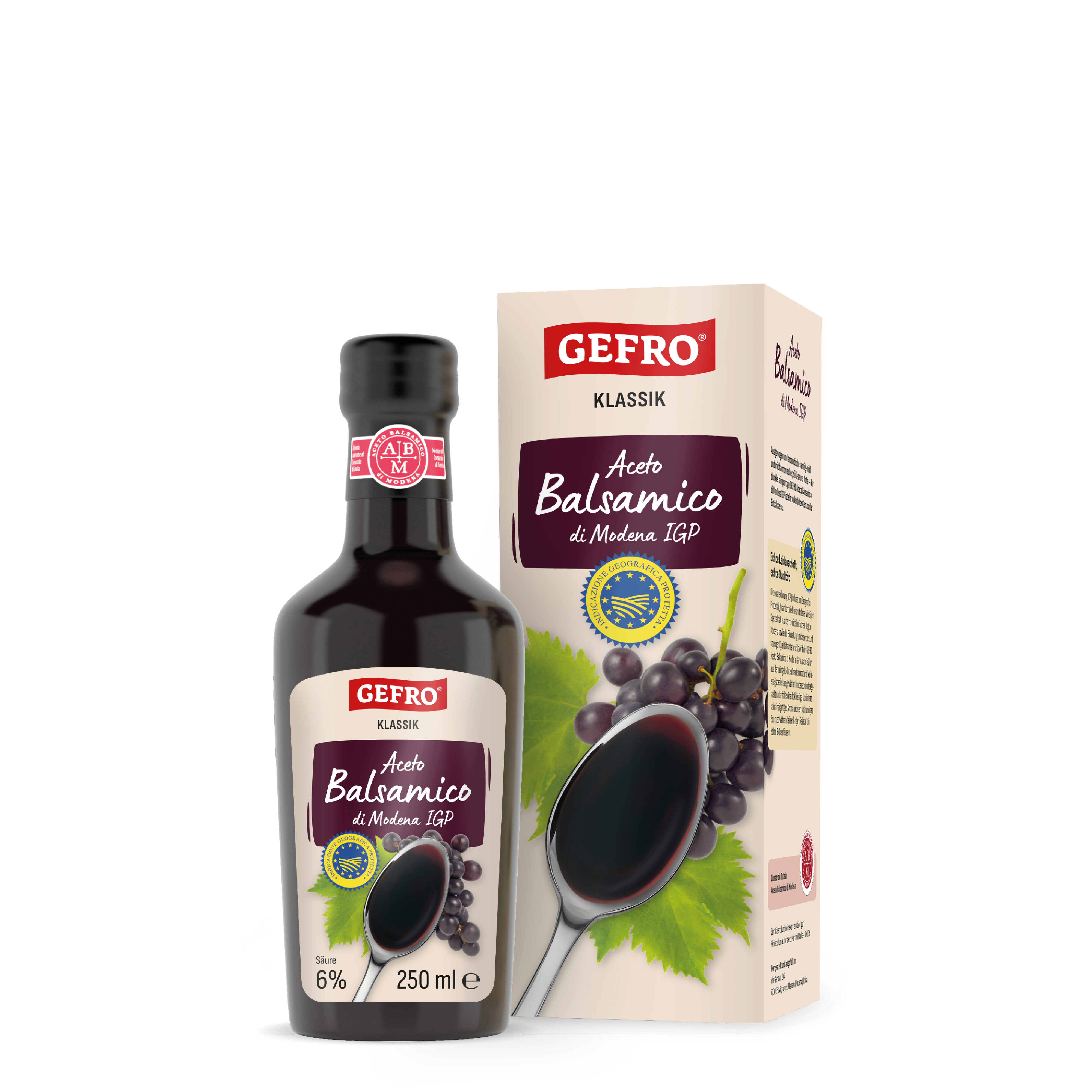 Flasche GEFRO Aceto Balsamico di Modena IGP mit 250 ml neben der passenden Verpackung mit Weintraubenmotiv.