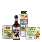 Vier GEFRO Produkte für Salat und mediterrane Küche: Salatwürze, Balsamico, Bio-Olivenöl und Bella Italia Gewürz