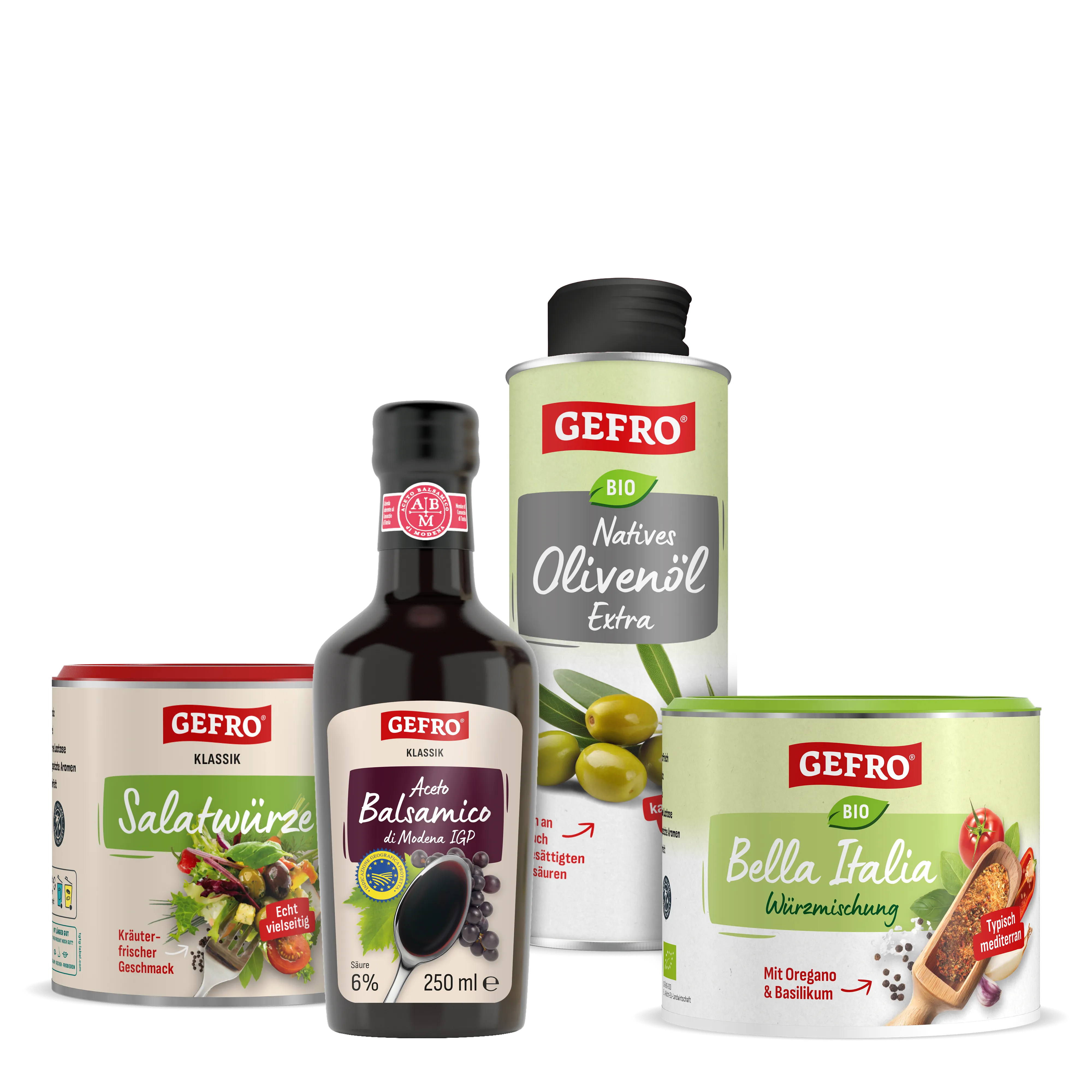 Vier GEFRO Produkte für Salat und mediterrane Küche: Salatwürze, Balsamico, Bio-Olivenöl und Bella Italia Gewürz