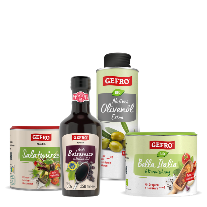 Vier GEFRO Produkte für Salat und mediterrane Küche: Salatwürze, Balsamico, Bio-Olivenöl und Bella Italia Gewürz