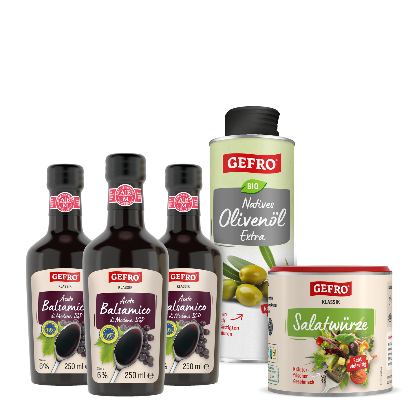 Drei Flaschen Aceto Balsamico, eine Dose Bio-Olivenöl Extra und eine Dose Salatwürze als Set für Salate und Küche