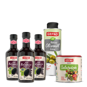 Drei Flaschen Aceto Balsamico, eine Dose Bio-Olivenöl Extra und eine Dose Salatwürze als Set für Salate und Küche
