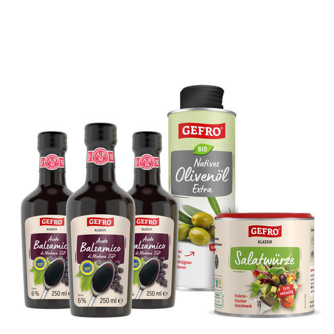 Drei Flaschen Aceto Balsamico, eine Dose Bio-Olivenöl Extra und eine Dose Salatwürze als Set für Salate und Küche