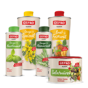 Fünf GEFRO Klassik Produkte mit Basilikumöl, Speiseöl, Rosmarinöl, Brat- und Frittieröl sowie Salatwürze.