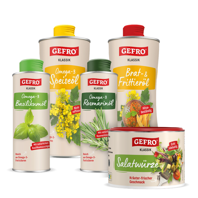 Fünf GEFRO Klassik Produkte mit Basilikumöl, Speiseöl, Rosmarinöl, Brat- und Frittieröl sowie Salatwürze.