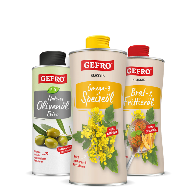 Drei GEFRO Speiseöle in Dosen: Bio Olivenöl Extra, Omega-3 Speiseöl und Brat- & Frittieröl, frontal gezeigt.