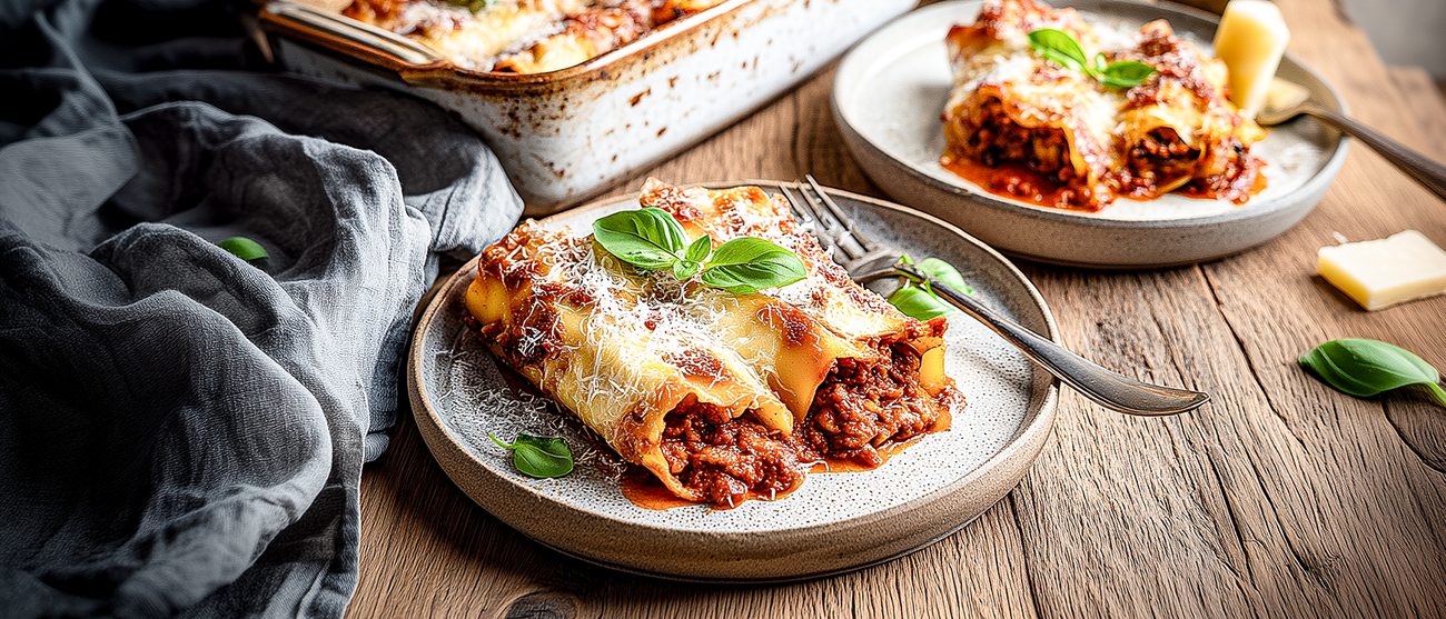 Zwei Portionen Lasagne auf Tellern mit geschmolzenem Käse und Hackfleischsoße, garniert mit frischem Basilikum; im Hintergrund eine Auflaufform mit weiterer Lasagne, daneben Parmesanstücke und ein Tuch auf einem Holztisch.