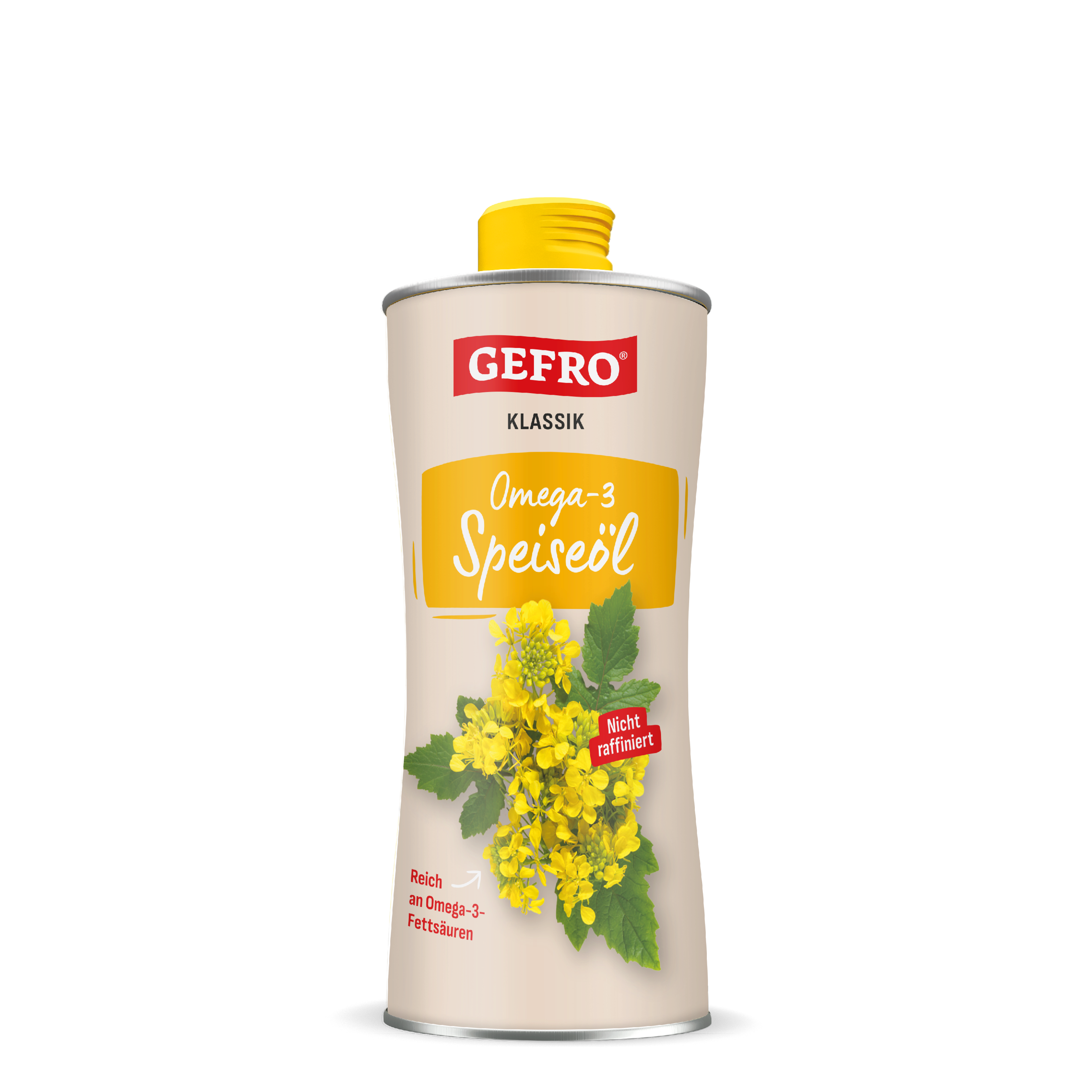 GEFRO Klassik Omega-3 Speiseöl in heller Flasche mit gelbem Verschluss und Abbildung von Rapsblüten.