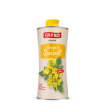 Dose GEFRO Klassik Omega-3 Speiseöl mit gelbem Schraubverschluss und Abbildung gelber Rapsblüten vorne