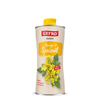 Dose GEFRO Klassik Omega-3 Speiseöl mit gelbem Schraubverschluss und Abbildung gelber Rapsblüten vorne
