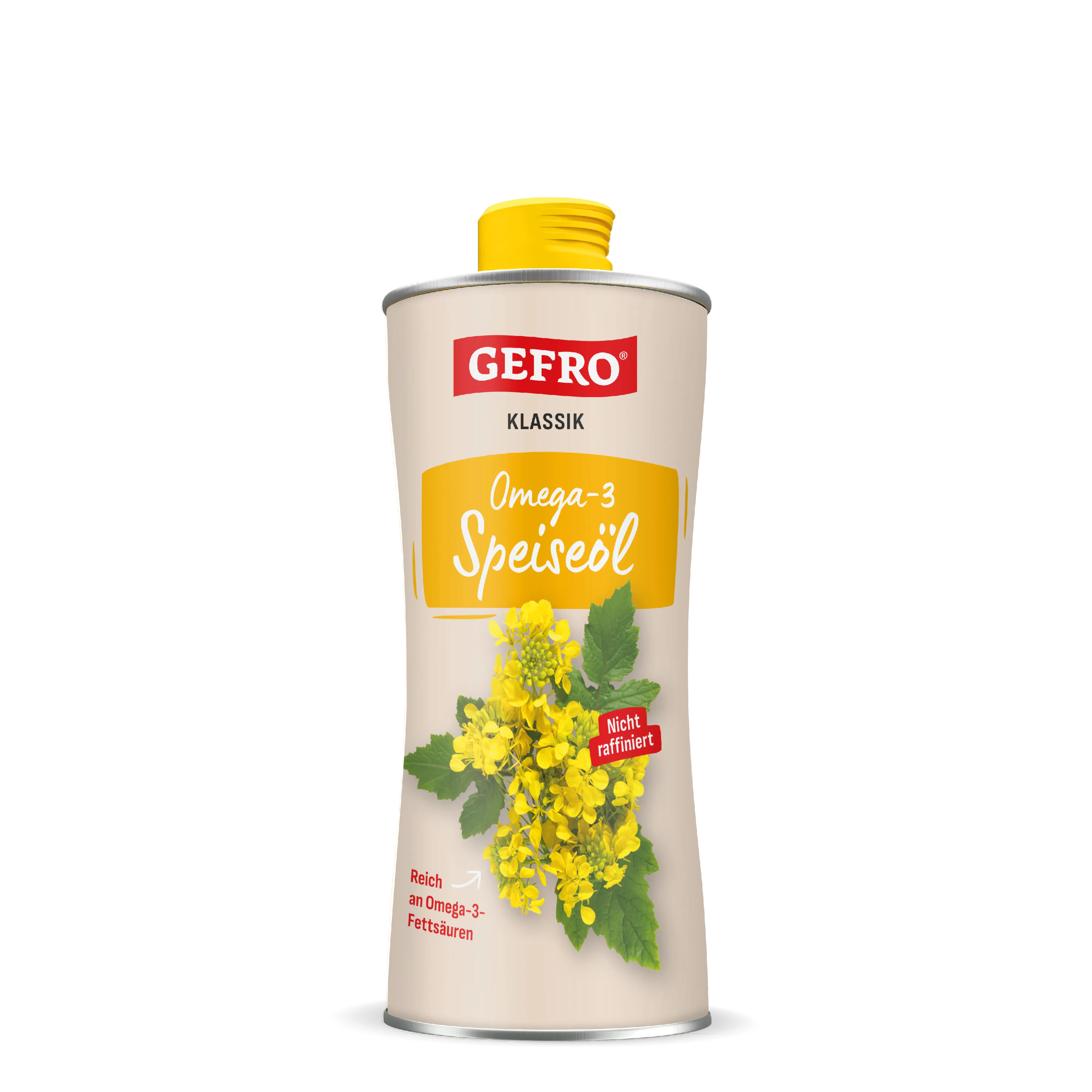Dose GEFRO Klassik Omega-3 Speiseöl mit gelbem Schraubverschluss und Abbildung gelber Rapsblüten vorne
