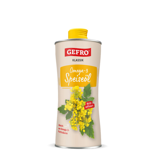 Dose GEFRO Klassik Omega-3 Speiseöl mit gelbem Schraubverschluss und Abbildung gelber Rapsblüten vorne
