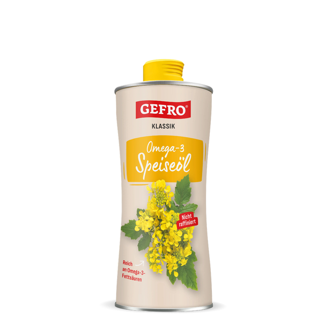 Dose GEFRO Klassik Omega-3 Speiseöl mit gelbem Schraubverschluss und Abbildung gelber Rapsblüten vorne