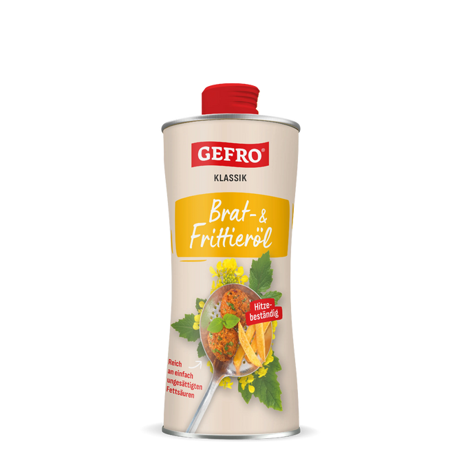 GEFRO Klassik Brat- und Frittieröl in hoher Flasche mit rotem Schraubverschluss, Produktansicht freigestellt