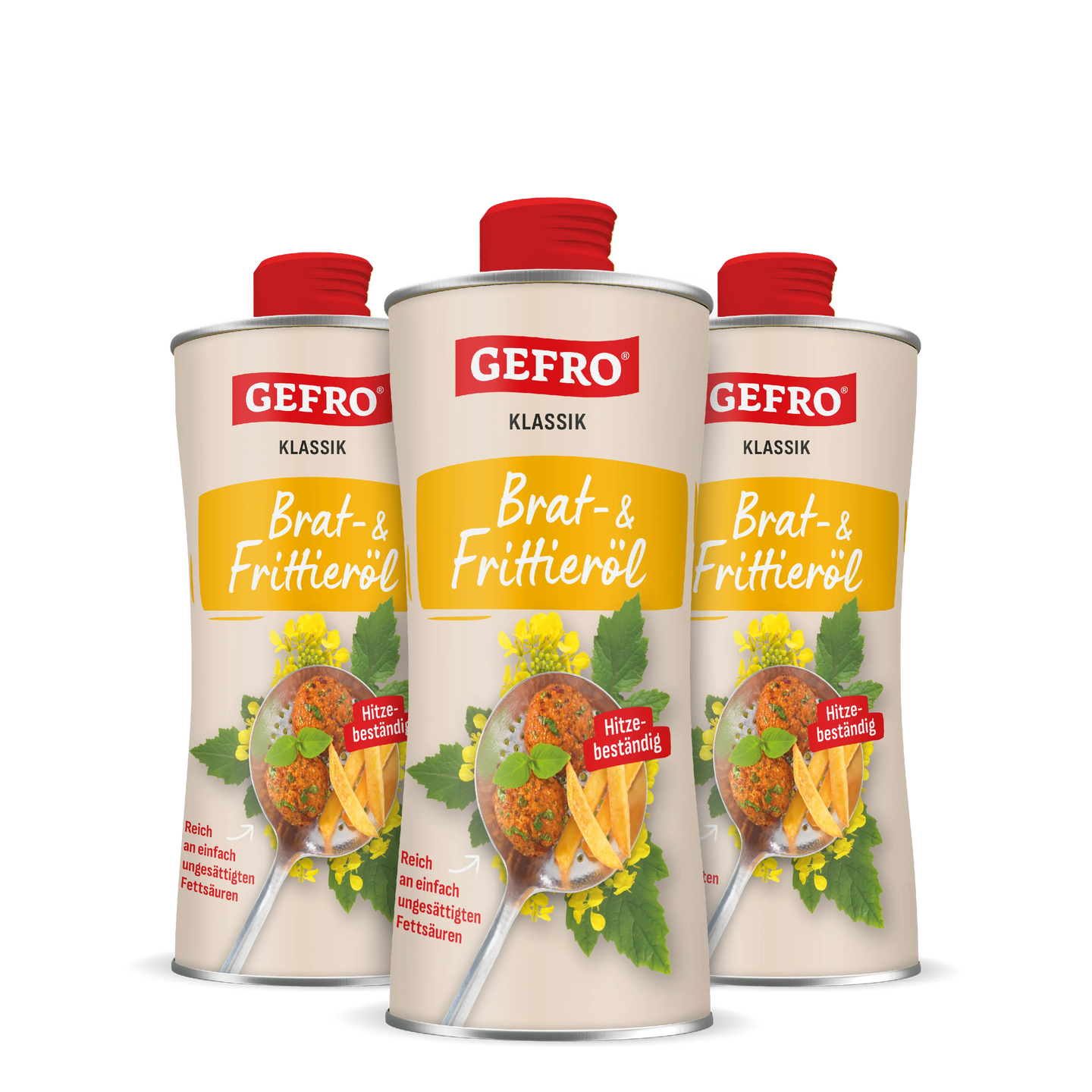 Drei Flaschen GEFRO Klassik Brat- und Frittieröl mit rotem Verschluss, frontal als Produktgruppe dargestellt.