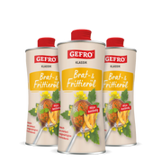 Drei Flaschen GEFRO Klassik Brat- und Frittieröl mit rotem Verschluss, frontal als Produktgruppe dargestellt.