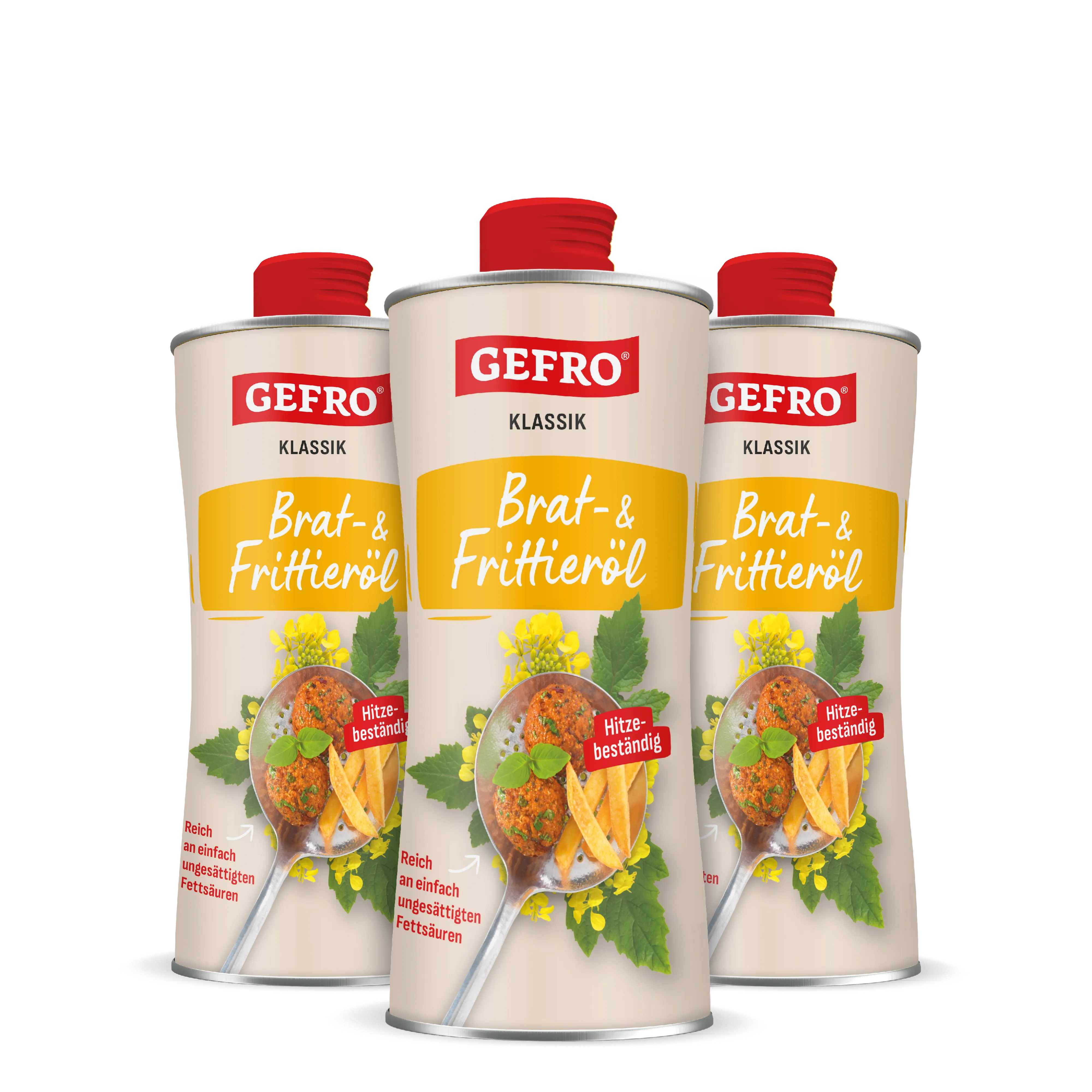 Drei Flaschen GEFRO Klassik Brat- und Frittieröl mit rotem Verschluss, frontal als Produktgruppe dargestellt.