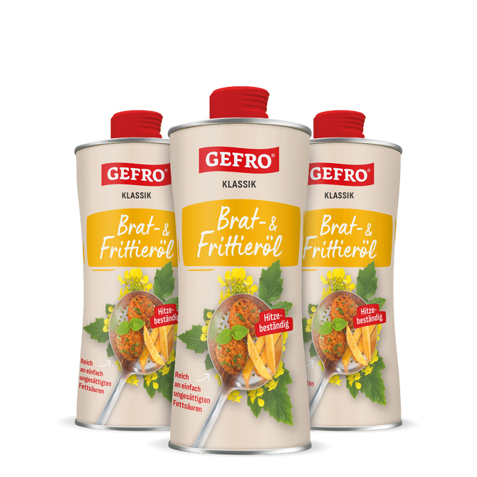 Drei Flaschen GEFRO Klassik Brat- und Frittieröl mit rotem Verschluss, frontal als Produktgruppe dargestellt.