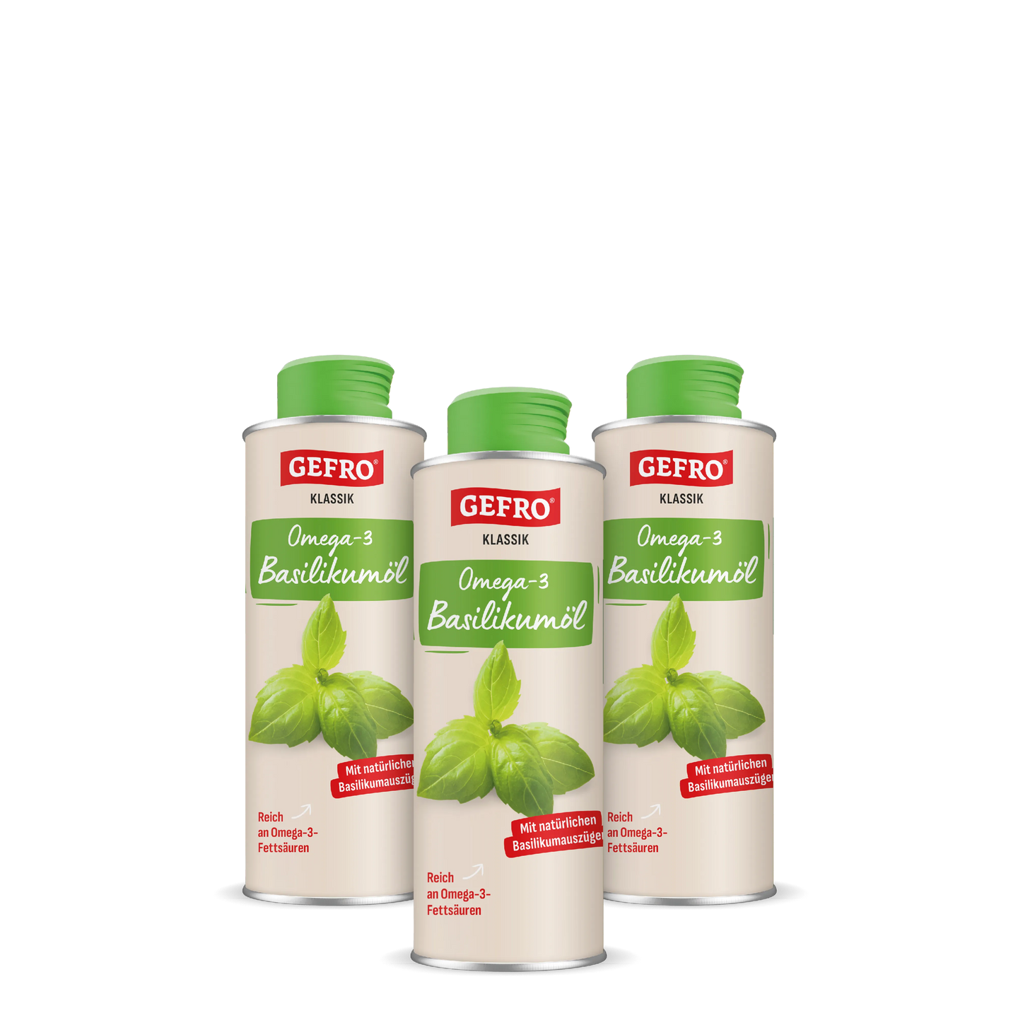 Drei Dosen GEFRO Klassik Omega-3 Basilikumöl mit grünem Deckel, frontal gezeigt als Produktset.
