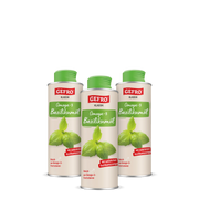 Drei Dosen GEFRO Klassik Omega-3 Basilikumöl mit grünem Deckel, frontal gezeigt als Produktset.