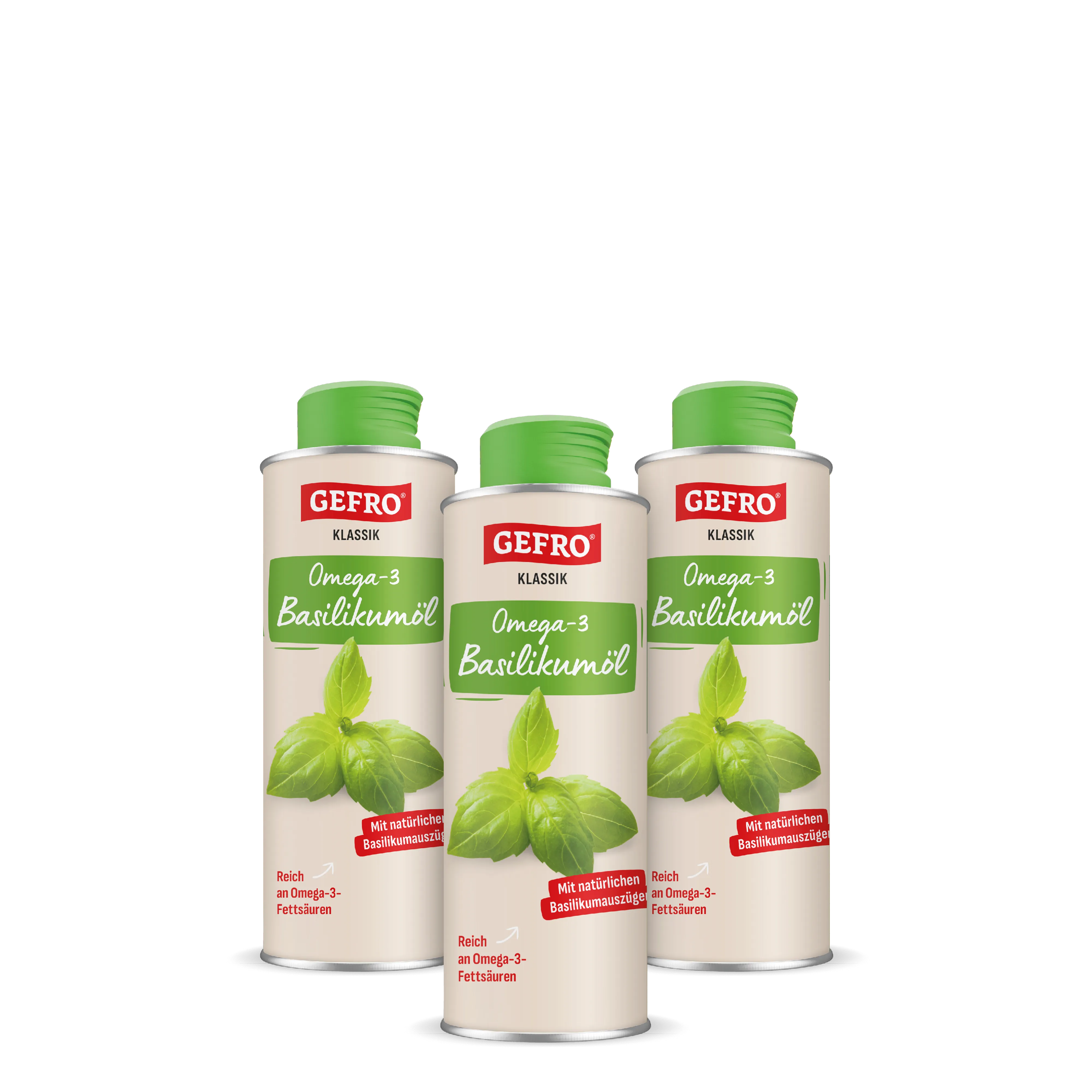 Drei Dosen GEFRO Klassik Omega-3 Basilikumöl mit grünem Deckel, frontal gezeigt als Produktset.
