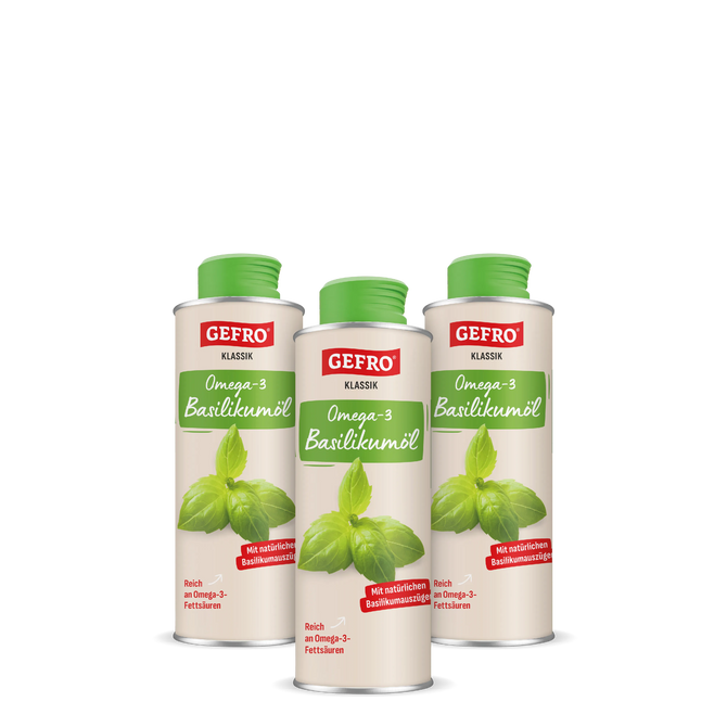 Drei Dosen GEFRO Klassik Omega-3 Basilikumöl mit grünem Deckel, frontal gezeigt als Produktset.