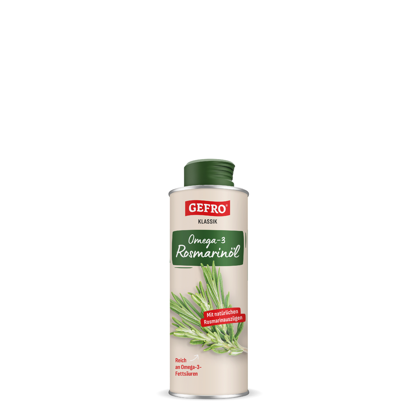 Dose Gefro Klassik Omega-3 Rosmarinöl mit grünem Schraubverschluss und Rosmarinzweig auf hellem Etikett.