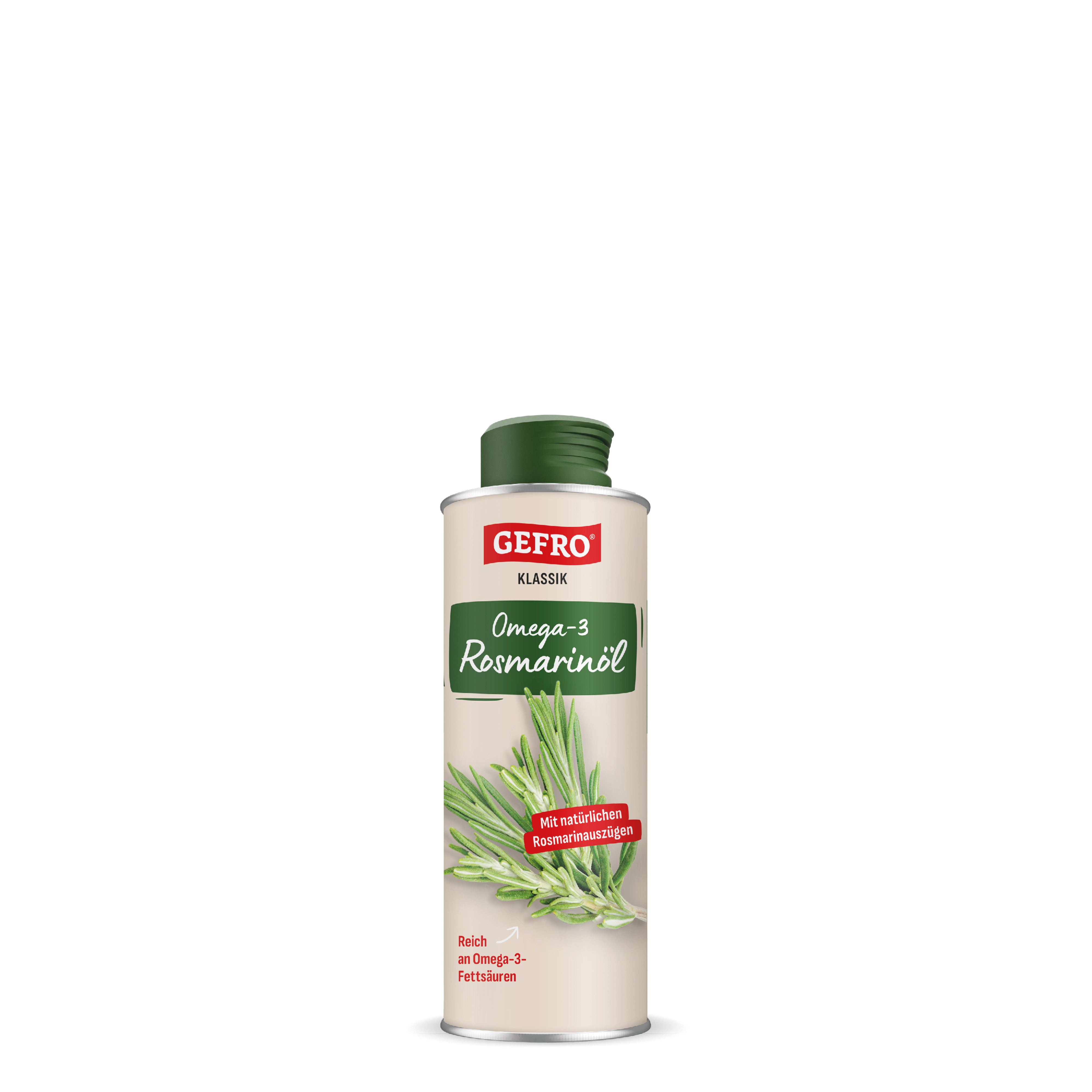 Dose Gefro Klassik Omega-3 Rosmarinöl mit grünem Schraubverschluss und Rosmarinzweig auf hellem Etikett.