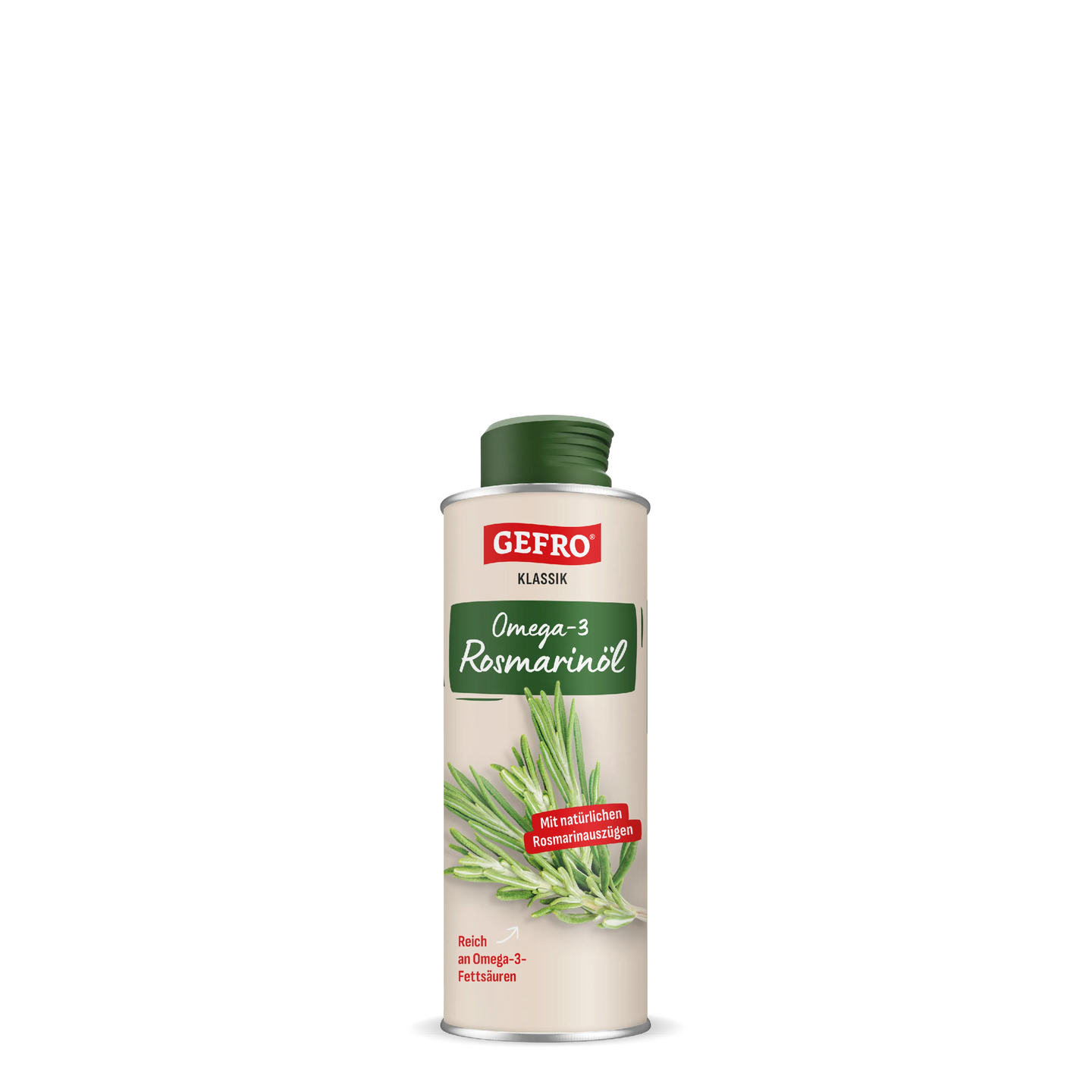Dose Gefro Klassik Omega-3 Rosmarinöl mit grünem Deckel und Rosmarinzweig auf dem Etikett, freigestellt dargestellt