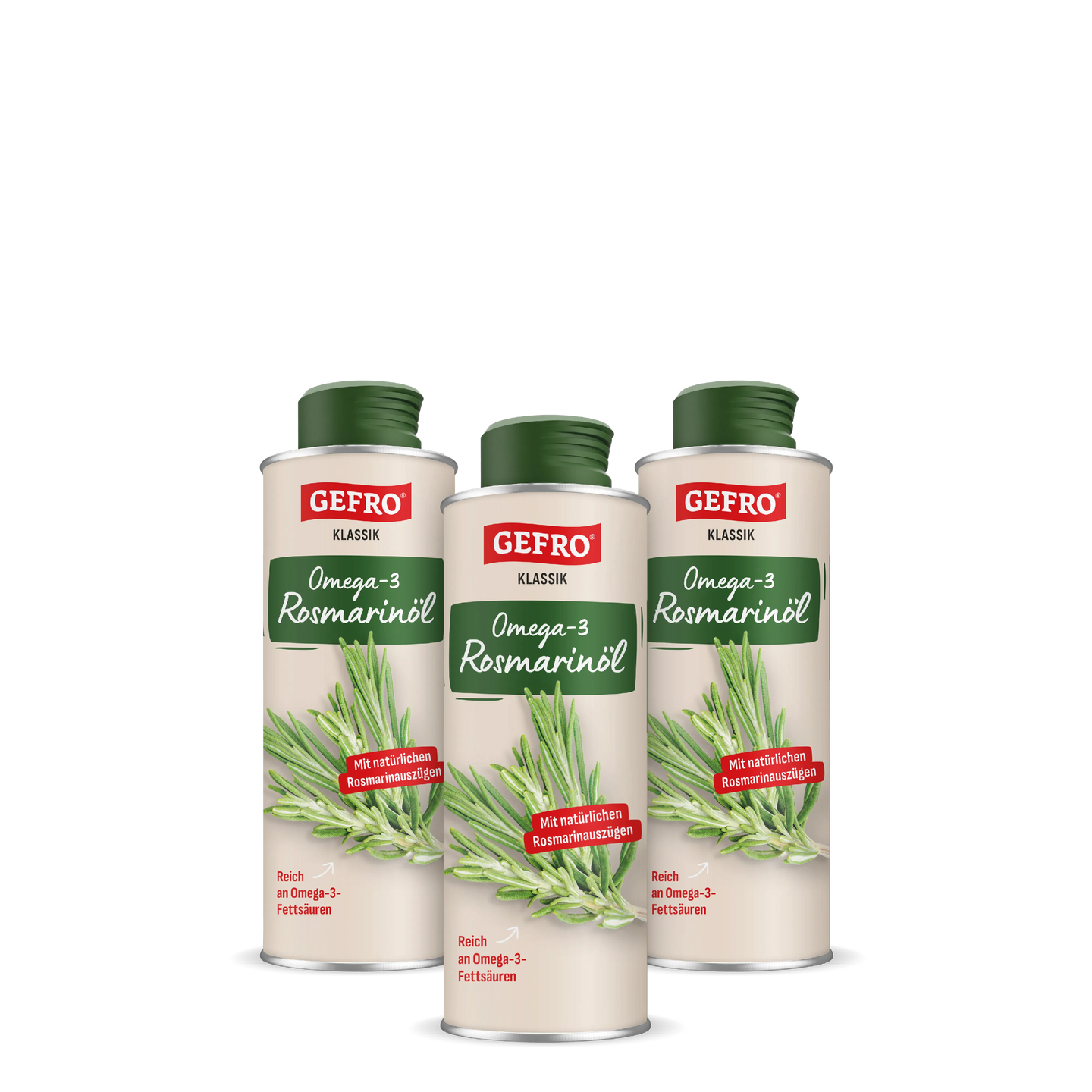 Drei Dosen GEFRO Klassik Omega-3 Rosmarinöl mit grünem Deckel und Rosmarinzweig auf der Verpackung.