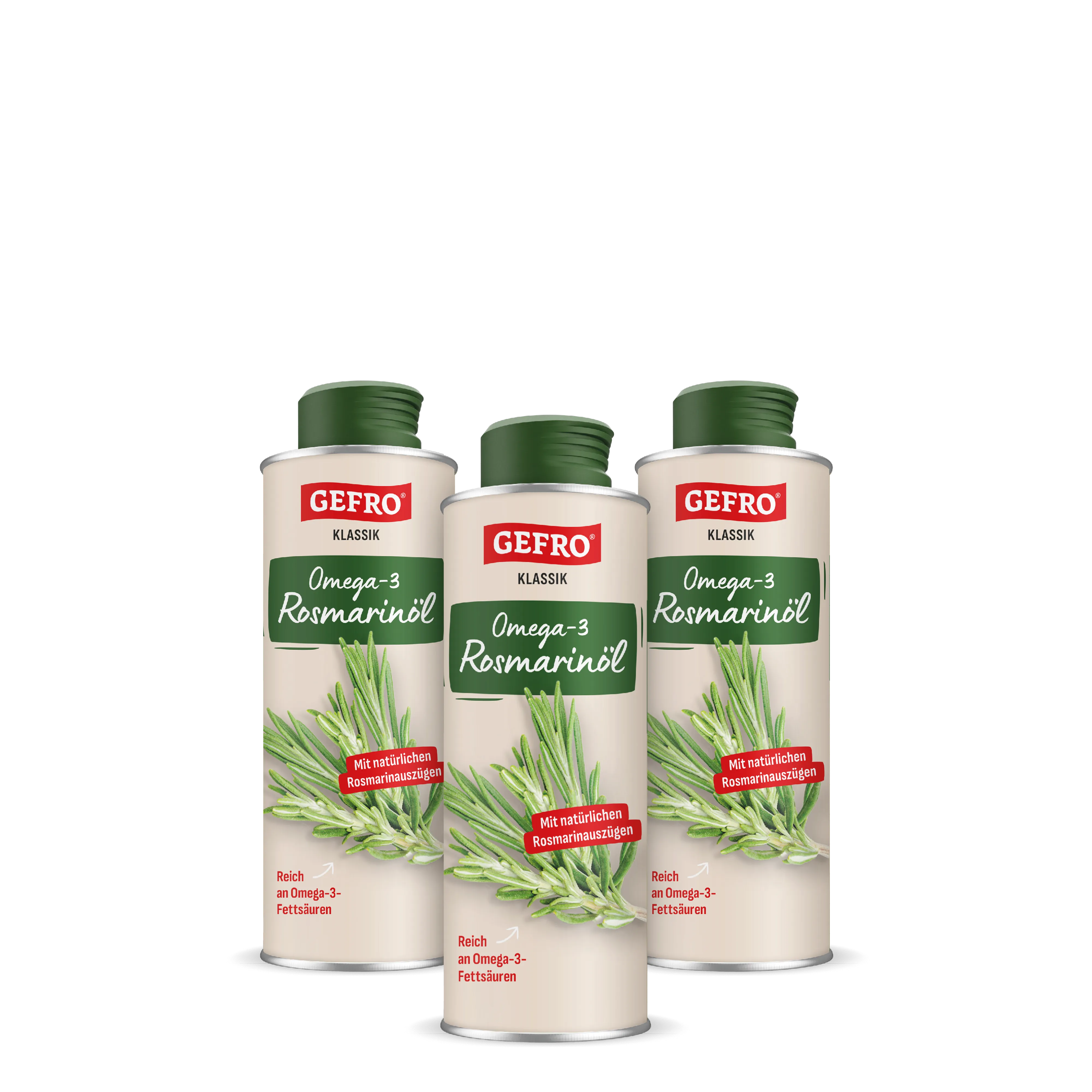Drei Dosen GEFRO Klassik Omega-3 Rosmarinöl mit grünem Deckel und Rosmarinzweig auf der Verpackung.