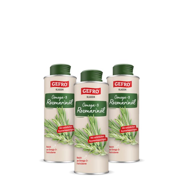 Drei Dosen GEFRO Klassik Omega-3 Rosmarinöl mit grünem Deckel und Rosmarinzweig auf der Verpackung.