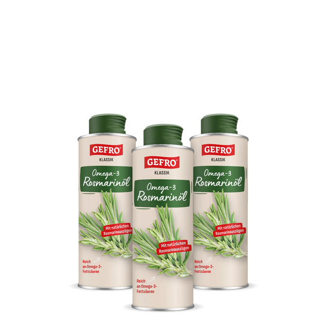 Drei Dosen GEFRO Klassik Omega-3 Rosmarinöl mit grünem Deckel und Rosmarinzweig auf der Verpackung.