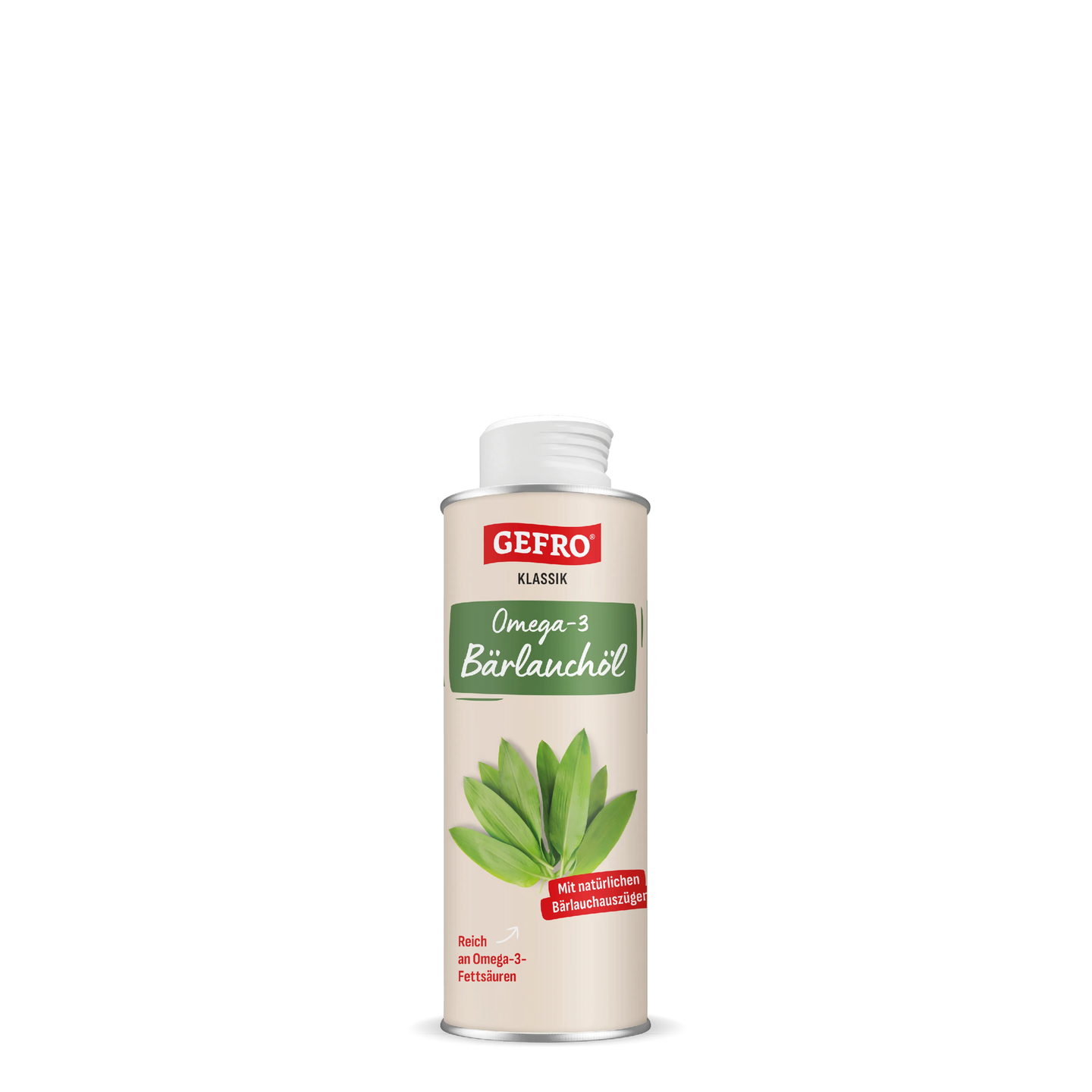 Geöffnete Flasche GEFRO Klassik Omega-3 Bärlauchöl mit Blattmotiv auf hellem Etikett, freigestellt vor schwarzem Hintergrund