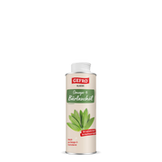 Geöffnete Flasche GEFRO Klassik Omega-3 Bärlauchöl mit Blattmotiv auf hellem Etikett, freigestellt vor schwarzem Hintergrund