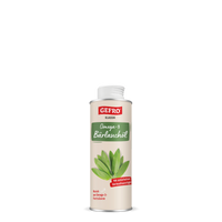 Geöffnete Flasche GEFRO Klassik Omega-3 Bärlauchöl mit Blattmotiv auf hellem Etikett, freigestellt vor schwarzem Hintergrund