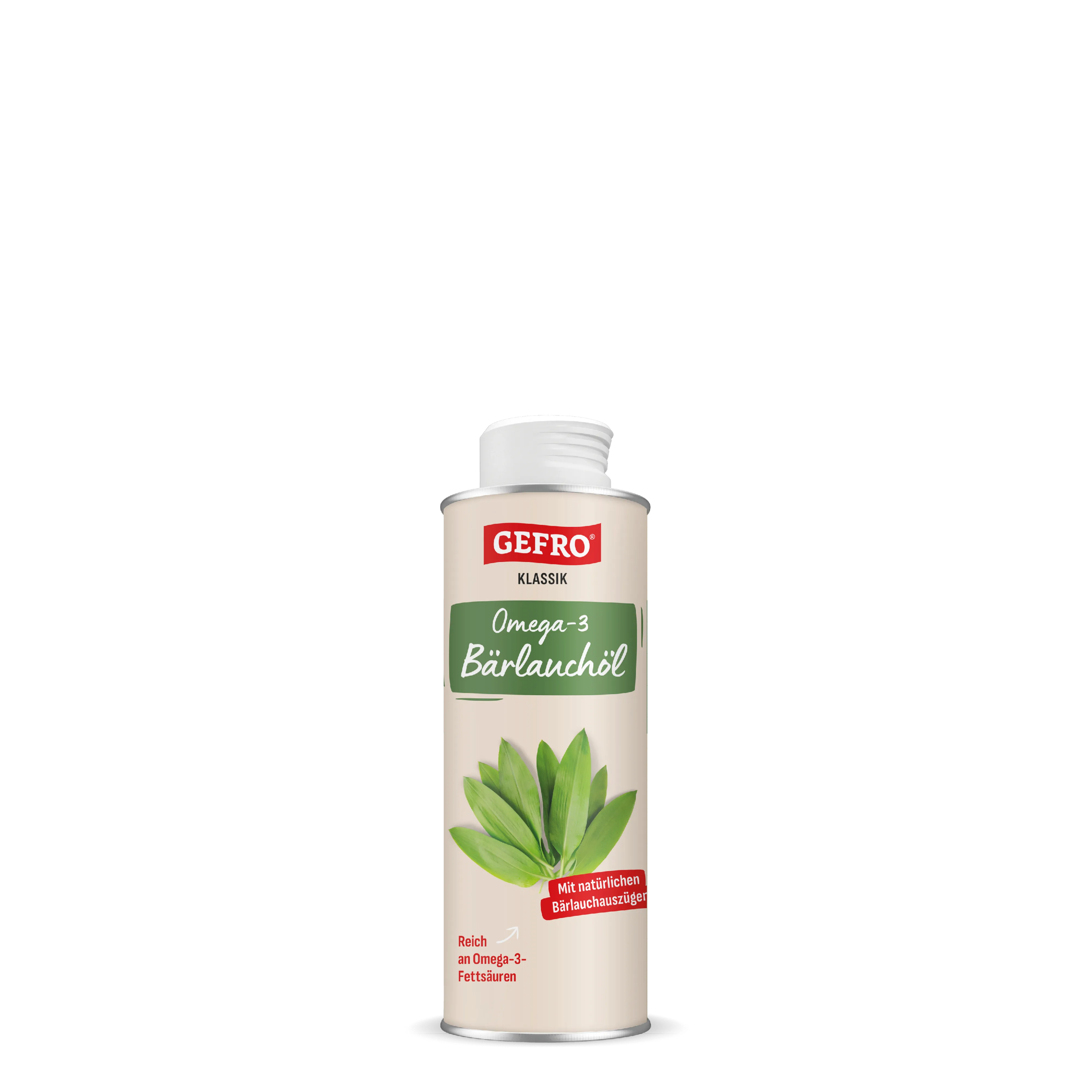Geöffnete Flasche GEFRO Klassik Omega-3 Bärlauchöl mit Blattmotiv auf hellem Etikett, freigestellt vor schwarzem Hintergrund