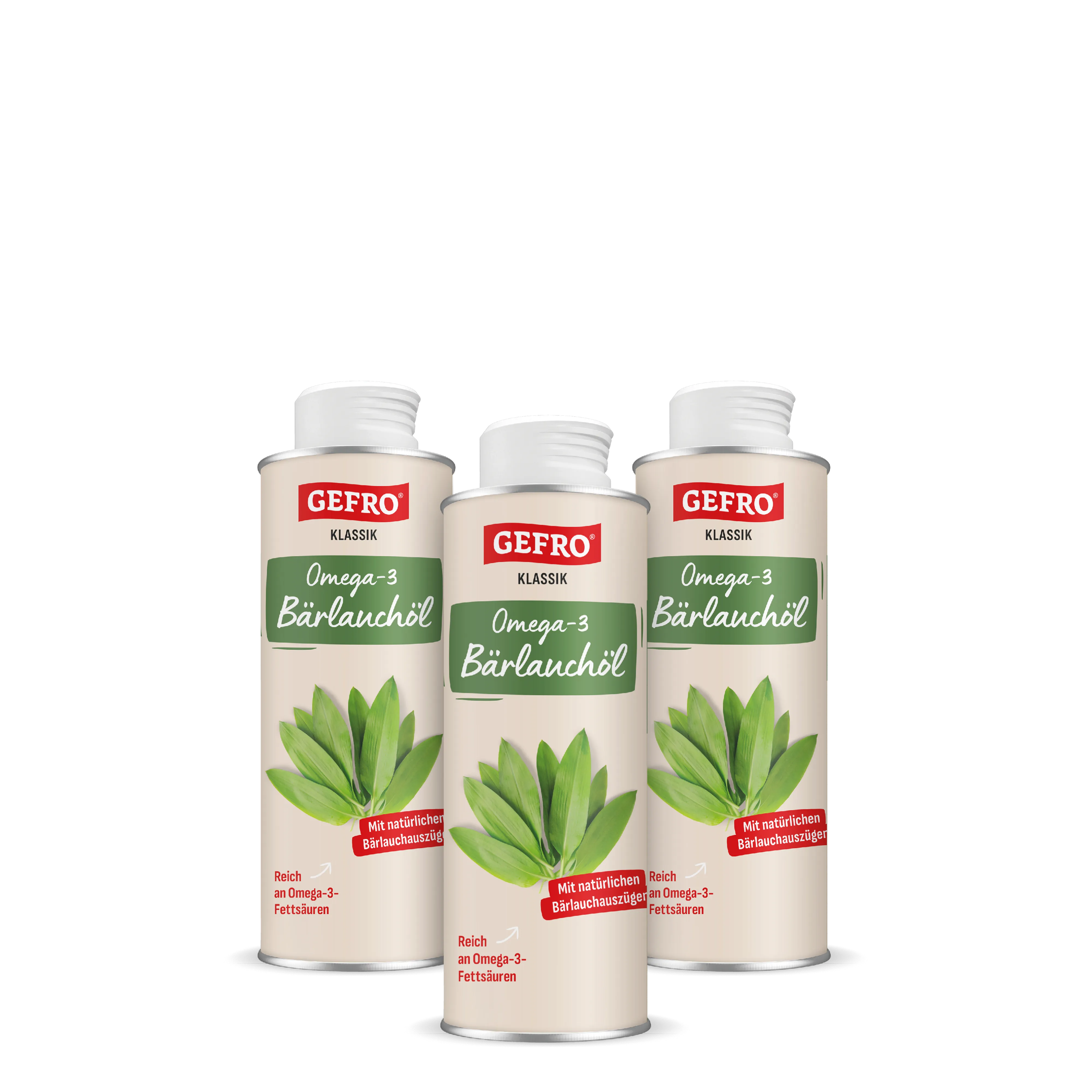 Drei Dosen GEFRO Klassik Omega-3 Bärlauchöl mit grünem Bärlauchmotiv, freigestellt auf schwarzem Hintergrund