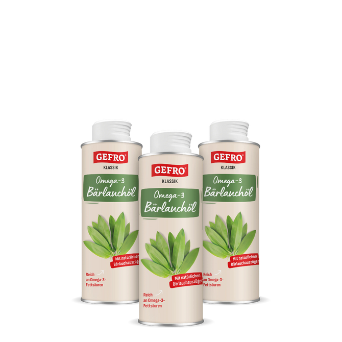 Drei Dosen GEFRO Klassik Omega-3 Bärlauchöl mit grünem Bärlauchmotiv, freigestellt auf schwarzem Hintergrund