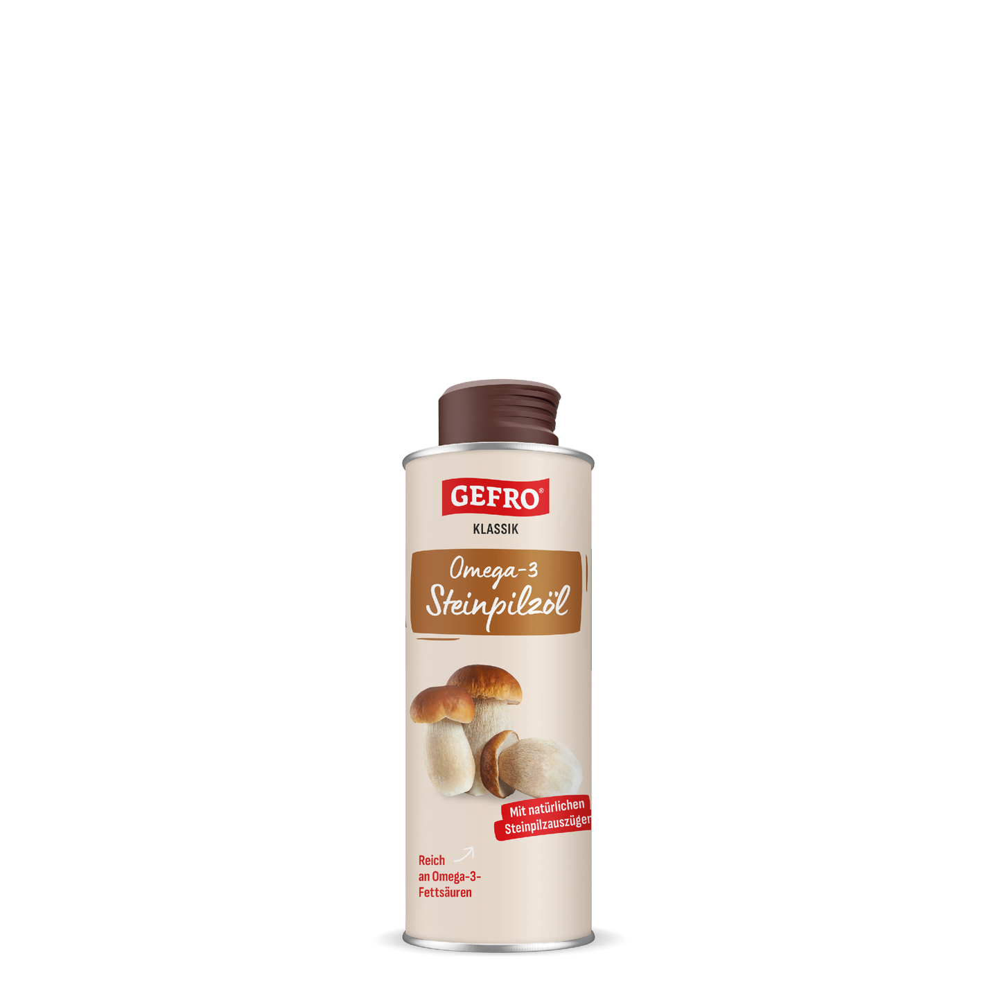Gefro Klassik Omega-3 Steinpilzöl in heller Flasche mit Schraubverschluss und Abbildung von Steinpilzen auf dem Etikett