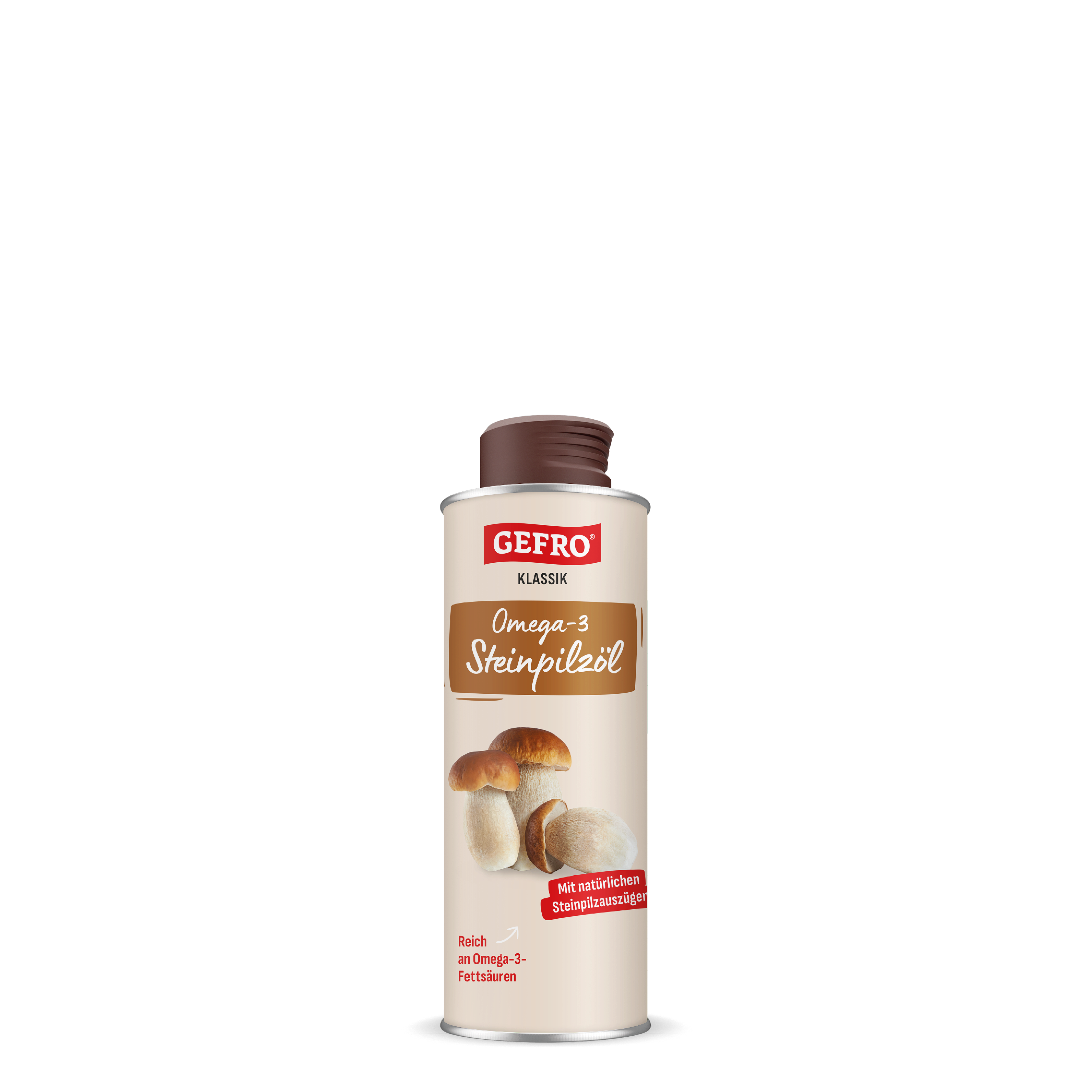 Gefro Klassik Omega-3 Steinpilzöl in heller Flasche mit Schraubverschluss und Abbildung von Steinpilzen auf dem Etikett
