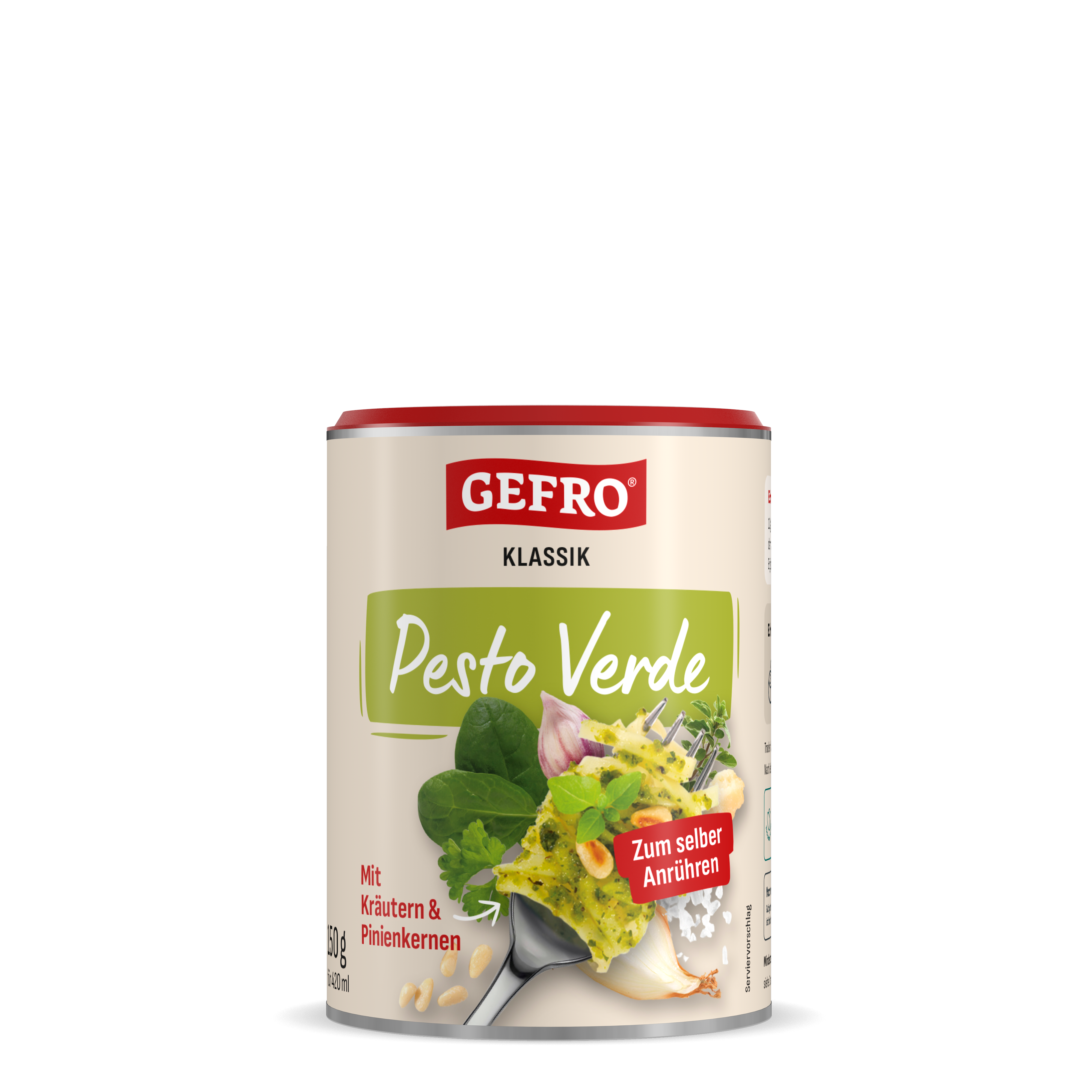 Dose GEFRO Klassik Pesto Verde zum Anrühren, mit Kräutern und Pinienkernen, freigestellt auf schwarzem Hintergrund