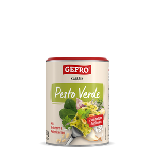 Dose GEFRO Klassik Pesto Verde zum Anrühren, mit Kräutern und Pinienkernen, Produktansicht vorne freigestellt