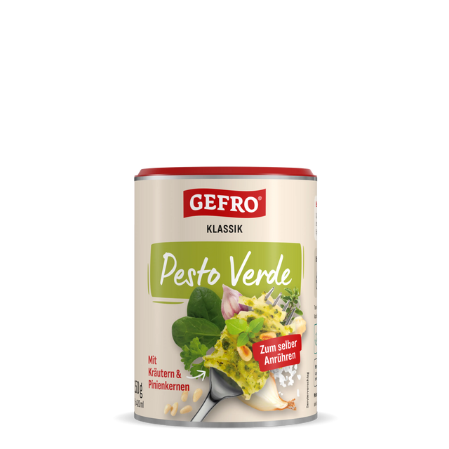 Dose GEFRO Klassik Pesto Verde zum Anrühren, mit Kräutern und Pinienkernen, Produktansicht vorne freigestellt