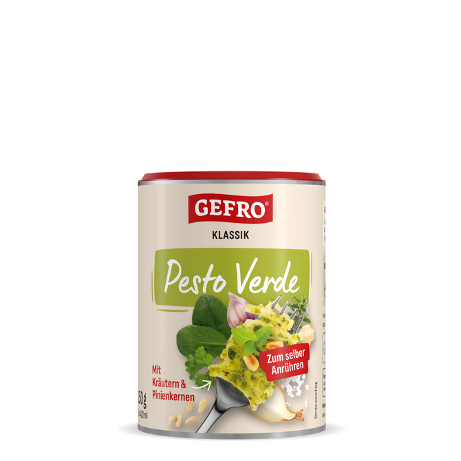 Dose GEFRO Klassik Pesto Verde zum Anrühren, mit Kräutern und Pinienkernen, Produktansicht vorne freigestellt