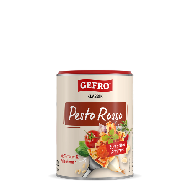 Dose GEFRO Klassik Pesto Rosso zum Anrühren, mit Tomaten und Pinienkernen, Produktansicht frontal freigestellt
