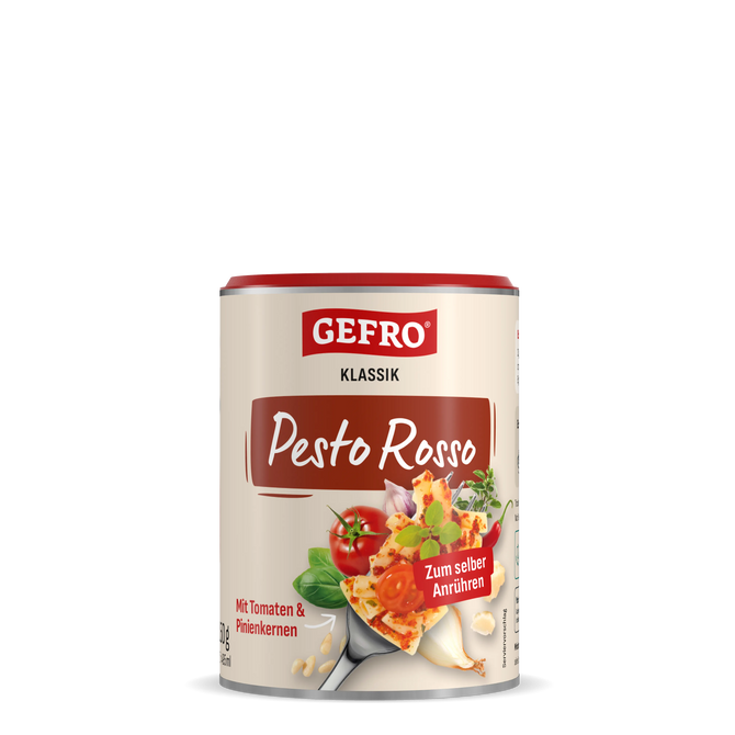 Dose GEFRO Klassik Pesto Rosso zum Anrühren, mit Tomaten und Pinienkernen, Produktansicht frontal freigestellt
