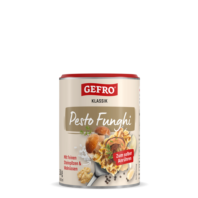 GEFRO Klassik Pesto Funghi in der Dose, Pilzpesto zum Anrühren mit Steinpilzen und Walnüssen, Frontansicht