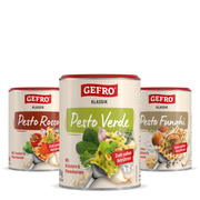 Drei GEFRO Klassik Pestosorten in Dosen: Pesto Rosso, Pesto Verde und Pesto Funghi zum selbst Anrühren.